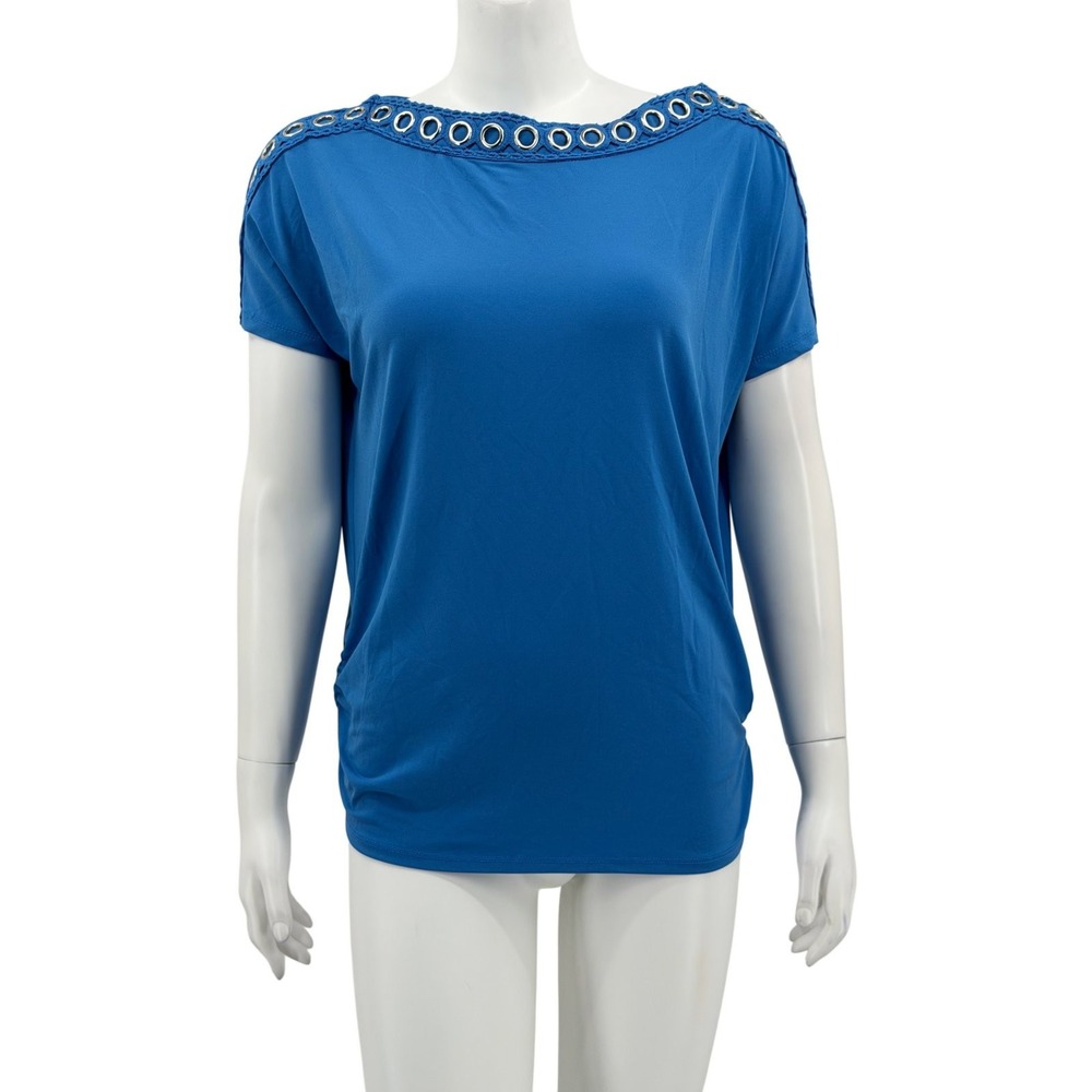 JM Collection Top Womens Medium Blue Grommet Crochet Trim Stretch Office Work